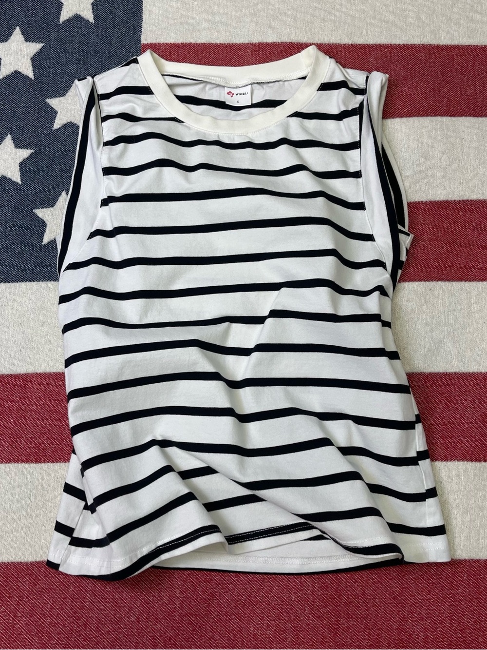 WINOLL Womens S White/Black Striped Ribbed Knit Crew Neck Sleeveless Tank Top
